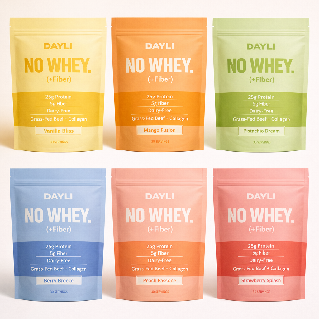 Dayli Wellness Co. product lineup — six colorful pouches of NO WHEY! protein plus fiber